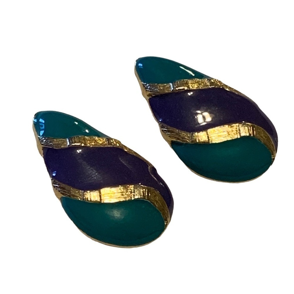 Vintage Enameled Earrings Blue Purple Gold - Picture 2 of 5